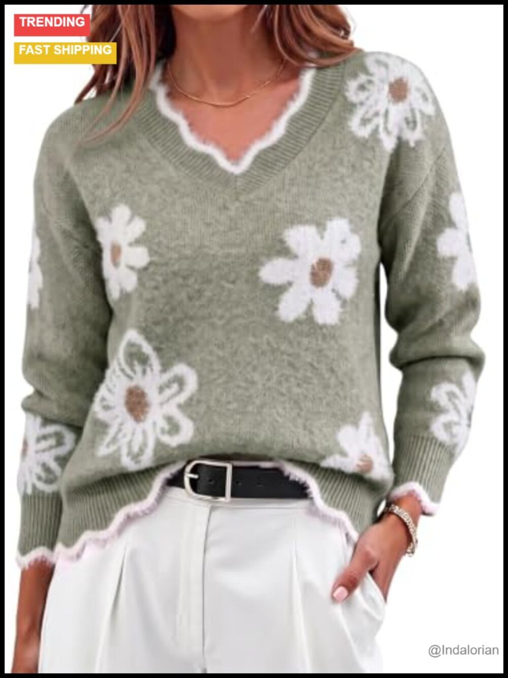 Womens V-Neck Scalloped Trim Fuzzy Knit Pullover Sweater